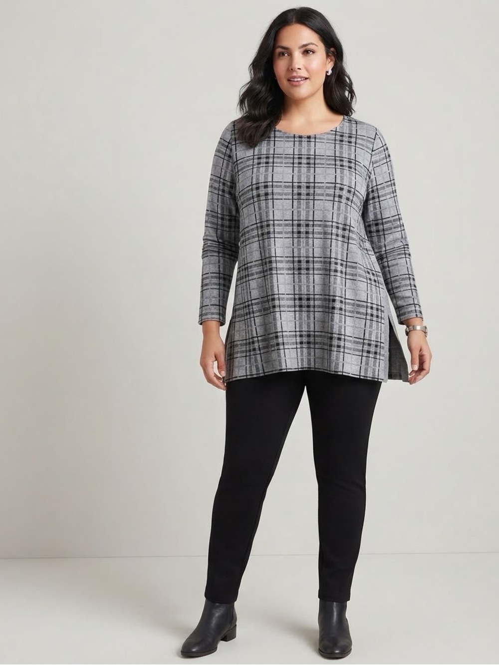 J. Jill Gray and Black Metallic Plaid Knit Tunic 2x